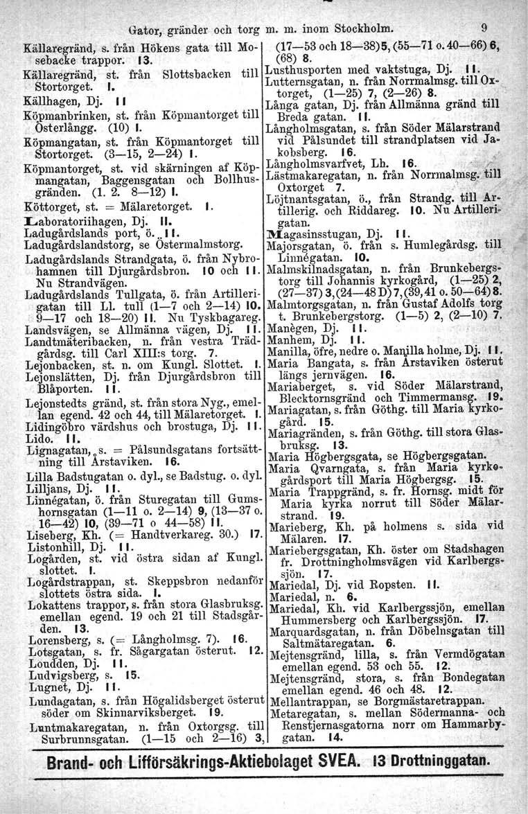 Gator" gränder. och torg m. m. inom Stockholm. 9 Källaregränd,.s, från Hökens gata till Mo- (17-53 och 18-38)5, (55-71 (j. 40-66) 6,, sebacke trappor; 13. (68) 8. '. Källaregränd' st.