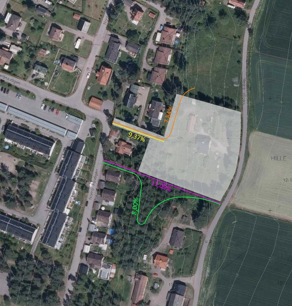 A Figur 14. Principskiss över möjliga gång- och cykelförbindelser från område A mot Hillevägen, med lutningar i procent.