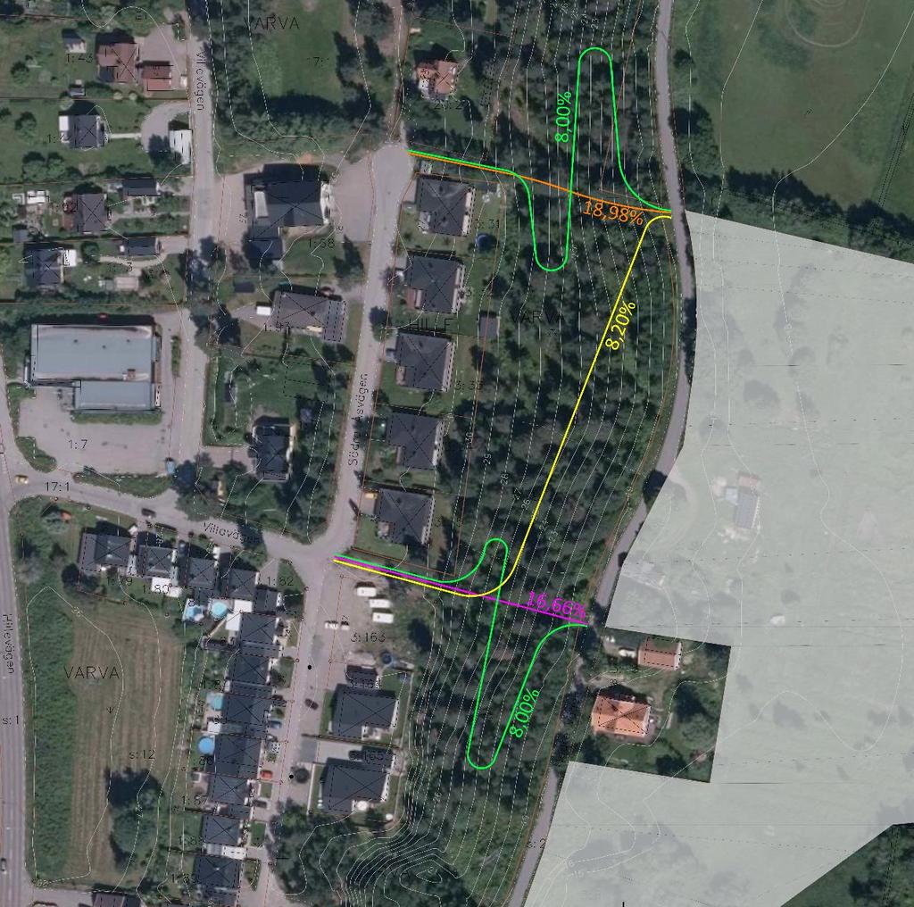 B Figur 15. Principskiss över möjliga gång- och cykelförbindelser från område B mot Hillevägen, med lutningar i procent.