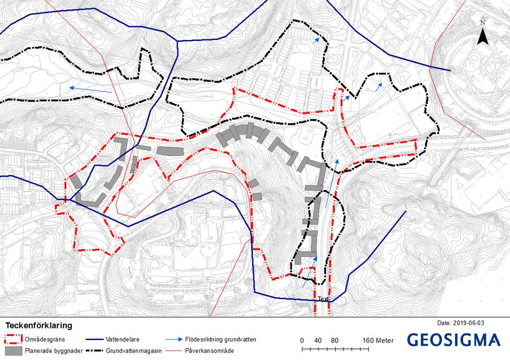 Sätra 4:1 Sätra 5:2 Sätra 5:1 Figur 5-1 Baskartan med höjdkurvor med vattendelare, grundvattenmagasin, flödesriktning, planerade byggnader och påverkansområde.