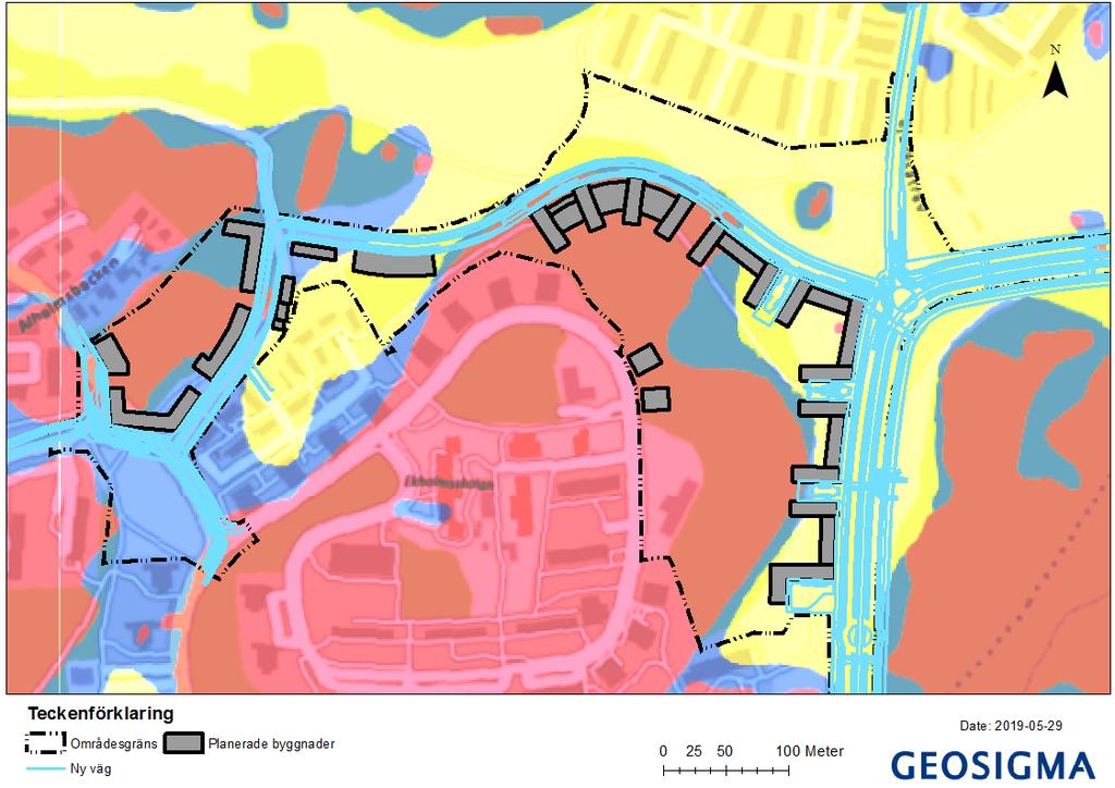 Figur 5-4 Jordartskarta med planerade byggnader och lokalgata genom planområdet.