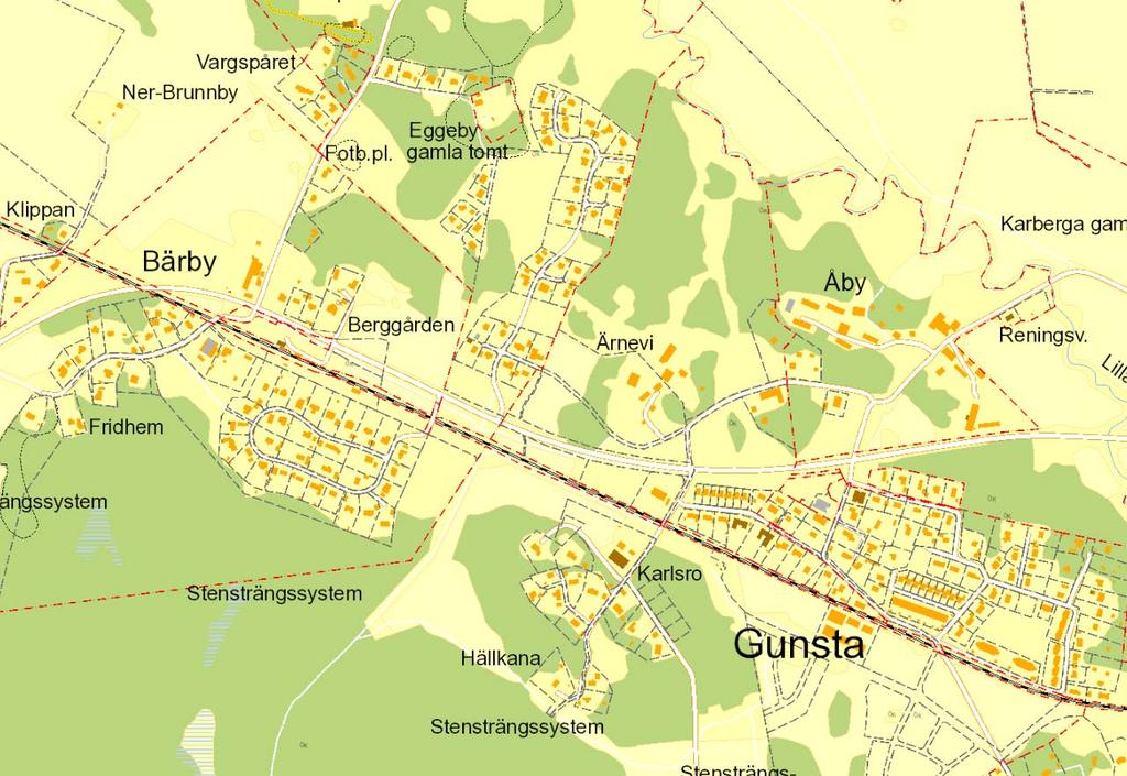 Vägplanen sträcker sig längs väg 282 mellan detaljplaneområde för Södra Gunsta etapp 2 och Broby hage villabebyggelse och överlappar med en del av detaljplanen för Ärnevi, Funbo (se bild ovan).