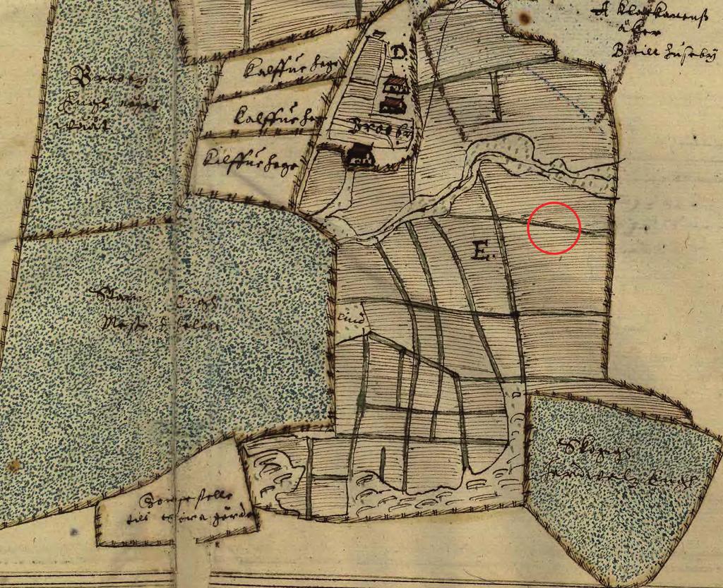 Fig. 3. Utsnitt från den geometriska avmätningskartan från 1635 med gården Broby samt omkringliggande ägor (LMS akt A446:a10:184-185).