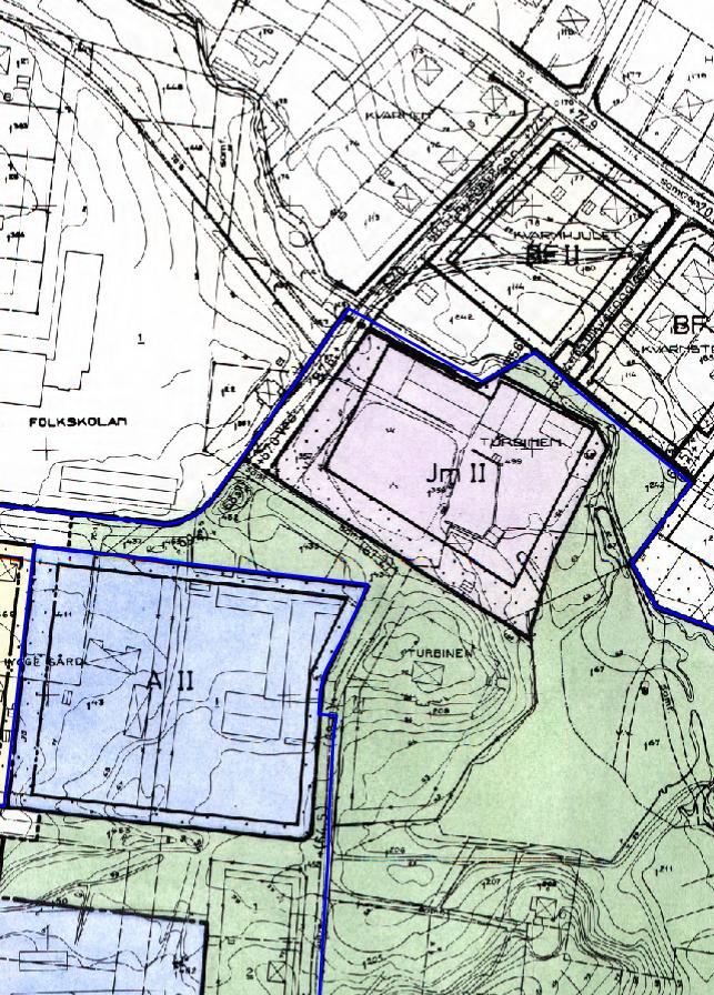 Gällande plan från 1968 med område för ny detaljplan (rödstreckad linje). Detaljplan i norr är från 1947 och medger allmän plats/plantering.