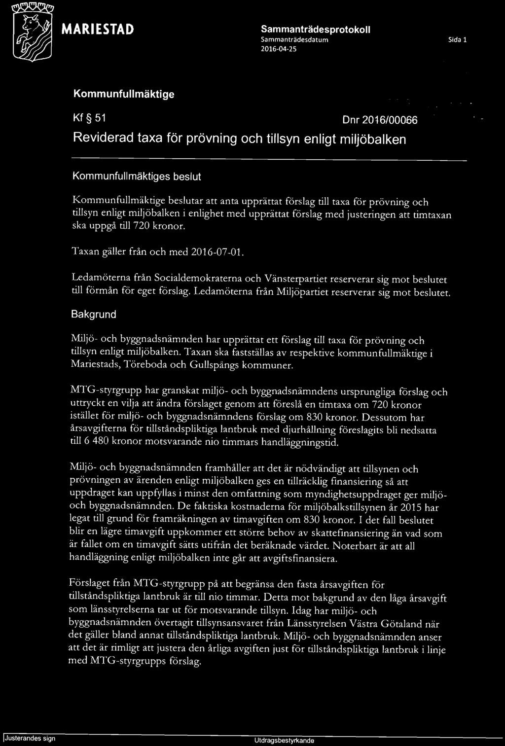 .. Kommunfullmäktiges beslut Kommunfullmäktige beslutar att anta upprättat förslag till taxa för prövning och tillsyn enligt miljöbalken i enlighet med upprättat förslag med justeringen att timtaxan