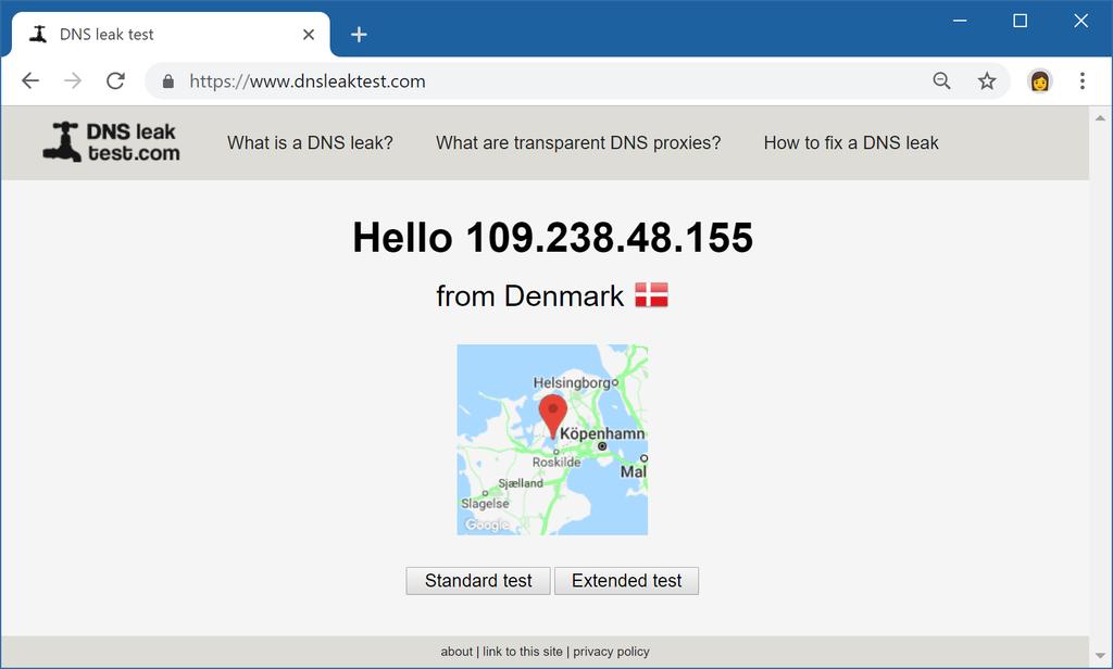 DNS Leak Test kontrollerar att vi inte läcker DNS-förfrågningar. När VPN-tunneln är aktiv ska inte våra ordinarie DNS-servrar synas.