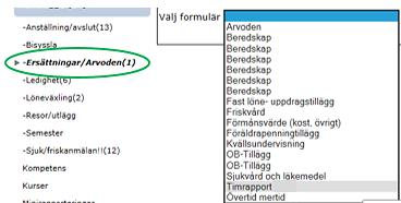 Formuläret Timrapport Under menyvalet och Ersättningar/Arvoden finns en flervalslista där du väljer formuläret Timrapport för att kunna registrera dina