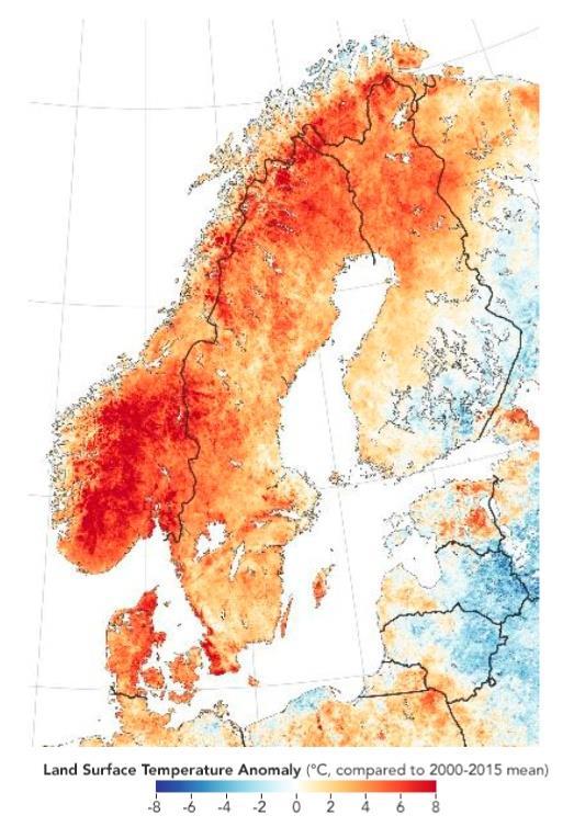 Figur 3: Temperaturavvikelse under första halvan av juli 2018 jämfört med den genomsnittliga temperaturen under samma period mellan år 2000 och 2015 42 Figur 4: Temperaturvariation i de nordiska