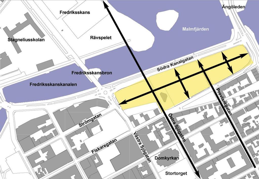 Södra Kanalgatan Södra Kanalgatan är även den en gata vars rumsliga potential inte utnyttjas i dagsläget. Exempelvis finns idag inga entréer alls vända mot gaturummet.