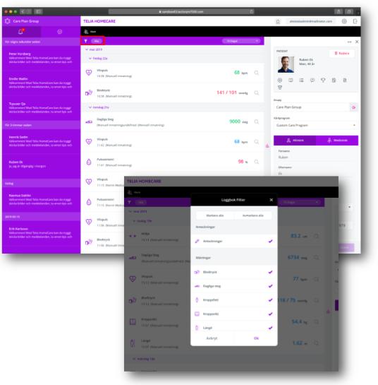 FILTRERA I PATIENTENS LOGGBOK Om du endast vill se en typ av mätning kan du filtrera i patientens loggbok.