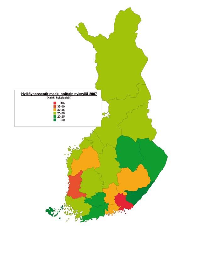 34 STUDENTEXAMEN 2007 FIGUR 3.1.3 Procenten underkända landskapsvis i studentexamen hösten 2007.