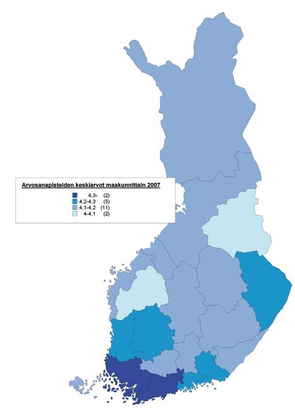 STUDENTEXAMEN 2007 55 FIGUR 3.2.4: Vitsordspoäng i genomsnitt efter landskap år 2007. På landskapsnivå är det mycket små skillnader i genomsnittlig vitsordspoäng.