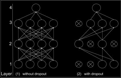 Figure 5: Dropout applied to a neural network with neurons being turned of with a given probability. 2.