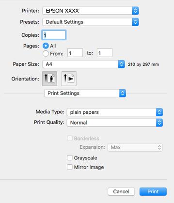 Utskrift 5. Välj Utskriftsinställningar i snabbmenyn. Drivrutinerna för Epson-skrivaren har inte installerats korrekt på Mac OS X v10.8.x eller senare om menyn Utskriftsinställningar inte visas.