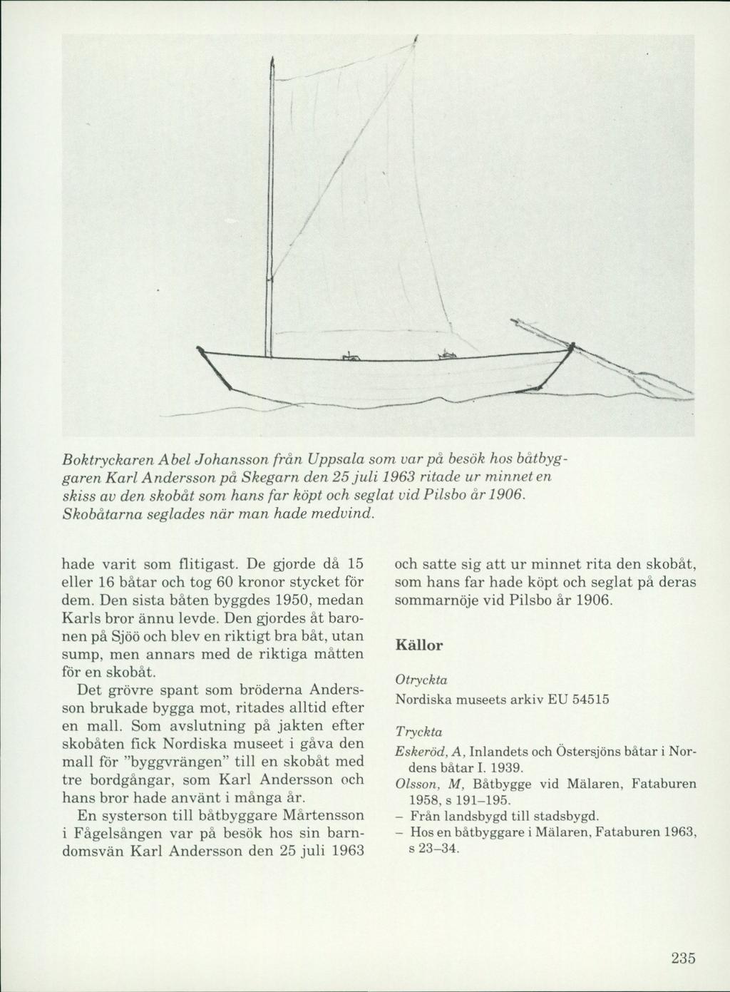 Boktryckaren Abel Johansson från Uppsala som var på besök hos båtbyggaren Karl Andersson på Skegarn den 25 juli 1963 ritade ur minnet en skiss av den skobåt som hans far köpt och seglat vid Pilsbo år