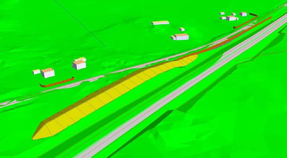 Figur 14.4. 3D-vyn mot norr av föreslagna vägnära bullerskydd mellan befintlig och ny E20.