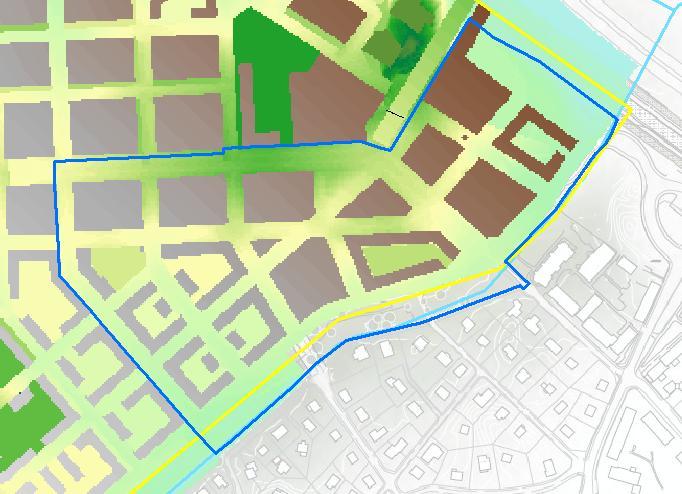 Figur 4. Planerade markhöjder för Veddesta 1 enligt terrängmodell (blå polygon). 6. Beräkningar 6.1 Metoder 6.1.1 Flödesberäkningar För beräkningar av dagvattenflöden inom det tekniska avrinningsområdet har modelleringsprogrammet MIKE URBAN använts.