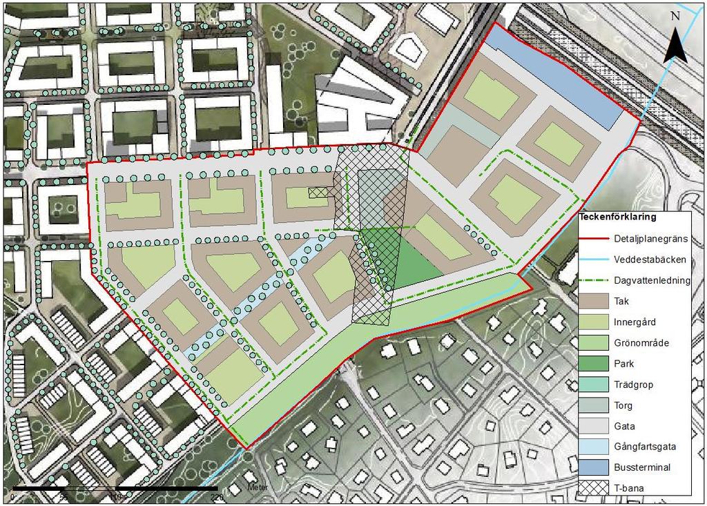 5. Framtida förhållanden Figur 2 visar en illustration av Veddesta 1. I figuren presenteras planerad markanvändning tillsammans med planerat dagvattenledningssystem.