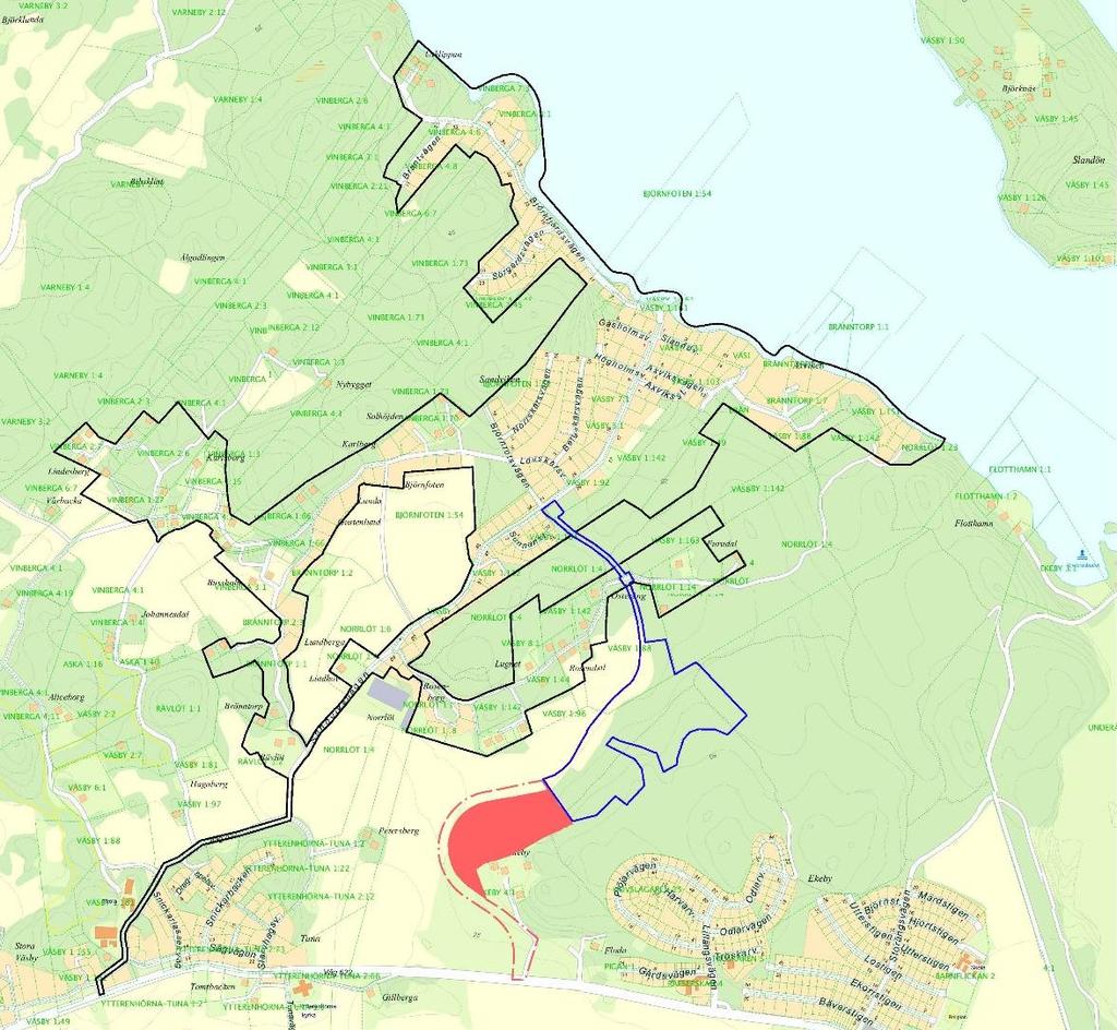 26 (47) 4.1.3. Alternativ 3 Det tredje alternativet innebär nya detaljplaner för befintliga bebyggelseområden; ny väg från Enhörnaleden samt exploatering av kommunal och privat mark.