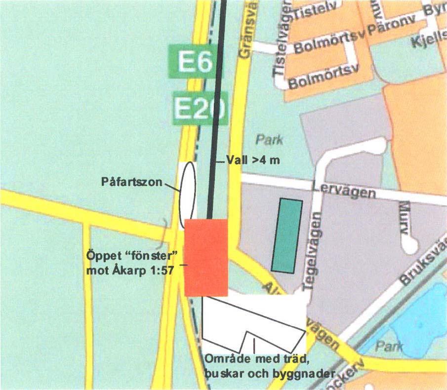 Planområdet befinner sig lägre än väg E6/E20. Nivåskillnaden är c:a 5 m. Alnarpsvägen passerar motorvägen under en mindre bro.