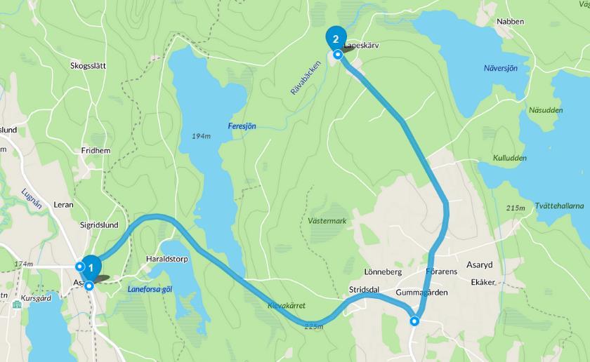 Vägbeskrivning Från Asa kör mot Asaryd (väg 915). Efter ca 3 km sväng vänster skyltat Laneskärv 2. Kör 2 km, (fortsätt rakt fram, backe ned till Laneskärv till vägslut).