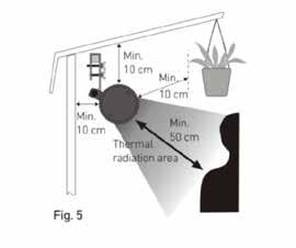 You need to put the infrared heater at least 10 cm away from other objects. Note that the back and top of the infrared heater will also get hot.