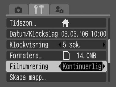 Återställa filnumret Fotograferingsmetod Bilderna du tar får automatiskt nummer. Du kan ange hur du vill att filnummer ska tilldelas.
