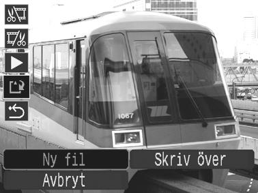 4 Välj [Ny fil] eller [Skriv över] och tryck på. Om du väljer [Ny fil] sparas det redigerade videosekvensen med ett nytt filnamn. Redigerade data ändras inte. Obs! Om du trycker på knappen FUNC.