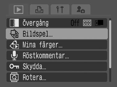 Automatisk visning (Bildspel) Automatisk visning av bilder på minneskort. Bildinställningar för bildspel baseras på DPOF-standarden (Digital Print Order Format) (s. 85).