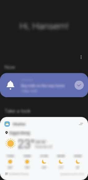 Appar och funktioner Bixby Home På skärmen Bixby Home kan du visa rekommenderade tjänster och information som Bixby tillhandahåller genom att analysera dina användningsmönster och rutiner.