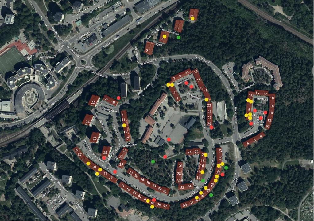 Karta från dialogmötet. De röda prickarna illustrerar dåliga platser. De gröna illustrerar bra platser. De gula illustrerar deltagarnas hemvist. 2.