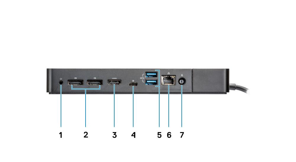 2 Kensington-låsspår Figur 4. Baksida 1 Linje ut-port 2 DisplayPort 1.4 (2) 3 HDMI2.0-port 4 USB 3.