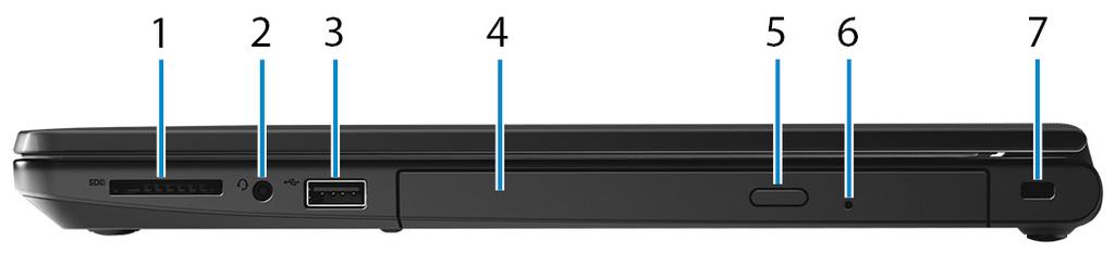 1 Nätadapterport Anslut en nätadapter för att förse datorn med ström och ladda batteriet. 2 HDMI-port Anslut en TV eller annan HDMI-in-aktiverad enhet. Ger bild- och ljudutgång. 3 USB 3.
