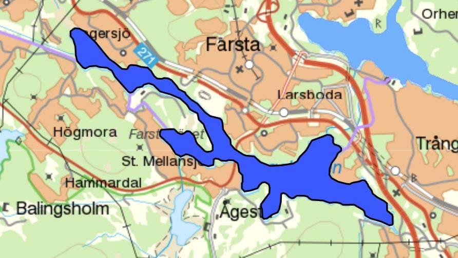 uppnås då ett antal miljöstörande ämnen (PBDE, PFOS, kvicksilver) överskrider gällande miljökvalitetsnormer. P L Figur 12. Vattenförekomsten Magelungen (mörkblått område) är belägen söder om Farsta.