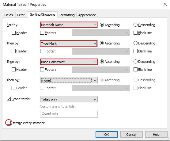 Finns flera typer av bjälklag kan det vara fördel att använda Sorting funktionen. Gå in på Sorting/Grouping, sortera på Type/Type mark, Sen genom volymen och klicka ur Itemize every instance.