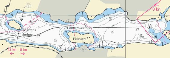 I Lännerstasundet, öster om longituden 18-14,40E genom Mårtens holmes södra udde till Baggensstäket, gäller fartbegränsning till 8