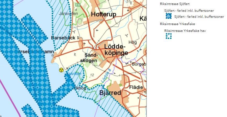 2018-09-21 s 31 (100) Figur 6. Riksintressen för sjöfart och yrkesfiske utanför Barsebäcks kust. Barsebäcksverket markerat med gul ring. Källa: Länsstyrelsens webbgis-tjänster. 5.4.