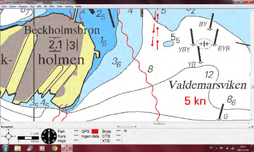 Figur 2 Vattendjup öster om Beckholmen. I figur 2 visas ett utdrag av sjökort 6141. Vid den östligaste delen av Beckholmen går 3-meterskurvan drygt 20 m utanför landkonturen i sjökortet.