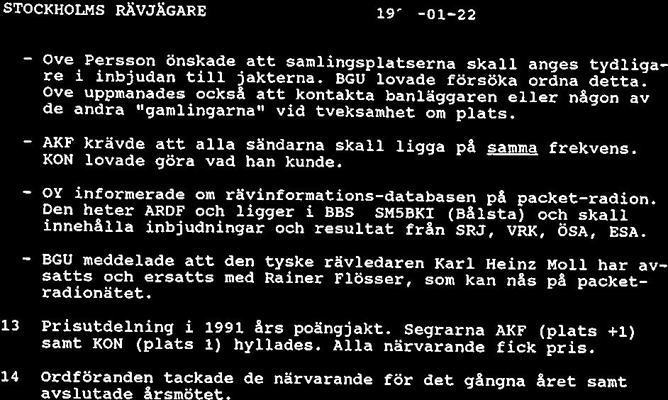 STOCKHOLMS RÄVJÄGARE 19~ 01 22 Ove Persson önskade att samlingsplatserna skall anges tydliga re i inbjudan till jakterna. BGU lovade försöka ordna detta.