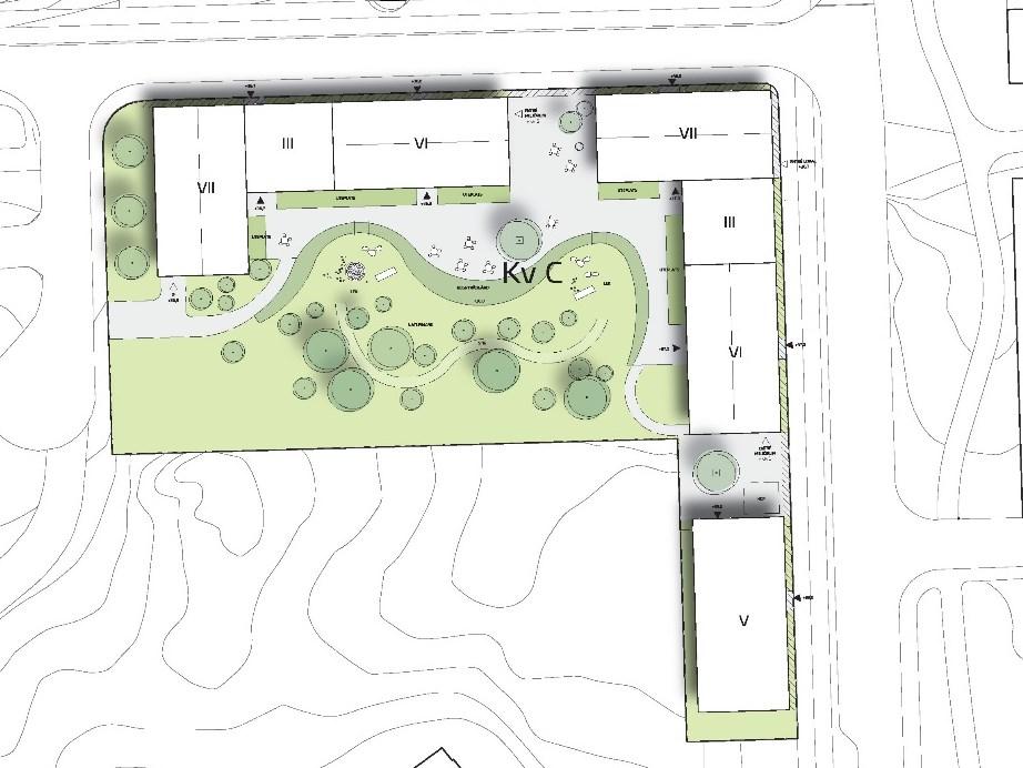 Sida 35 (67) Söderholmsgränd Vårbergsvägen Illustrationsplan bostäder kvarter C (Arkitema Architects). Svart pil visar var nedanstående illustration är tagen.