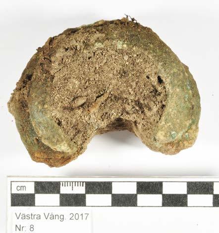 Ort/Anläggning: Västra Vång 2017 Fynd nr: Kons nr: 8 Kontaktperson: Mikael Henriksson, Blekinge Museum Datum in: 2017-09-08 Datum ut: 2018-01-21 Föremål: Hänkel Material: Cu-legering Antal: 1 Mått: