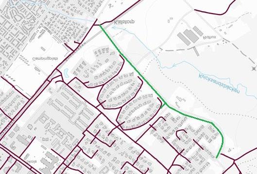 Befintliga gång- och cykelvägar markerat i rött kompletteras med föreslagen gång- och cykelbana i grönt.