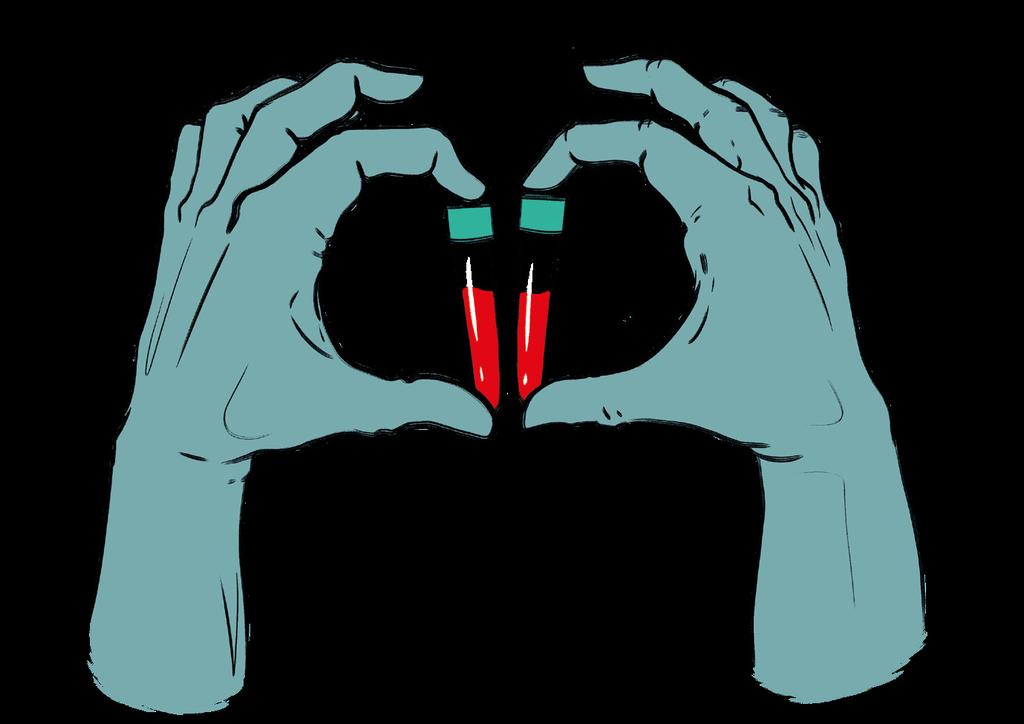 Glid! Glid! Två gröna händer formar ett hjärta. Båda händerna håller varsitt provrör med blod i. Testning Glidmedel är en väldigt bra uppfinning!