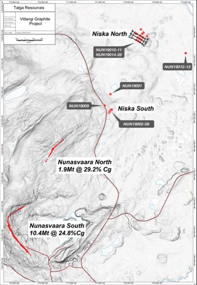 Figure 4 Topographic image of the Vittangi Graphite Project showing the drillhole
