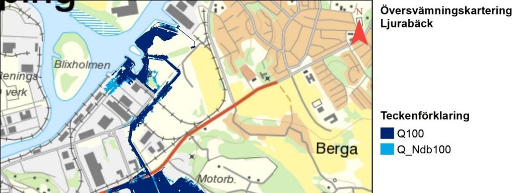 Figur 13: Beräknad vattenutbredning för naturmarksflöde hundraårsflöde (Q100) och nederbördsdrivna flöden