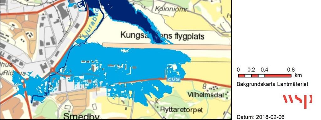 Figur 14: Beräknad vattenutredning för naturmarksflöde hundraårsflöde (Q100) och nederbördsdrivna