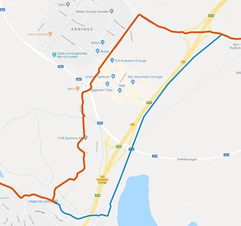 Den föreslagna sträckningen innebär en kortare Från Hägernäs station föreslås sträckningen följa grusväg längs med Roslagsbanan fram till väg 274.