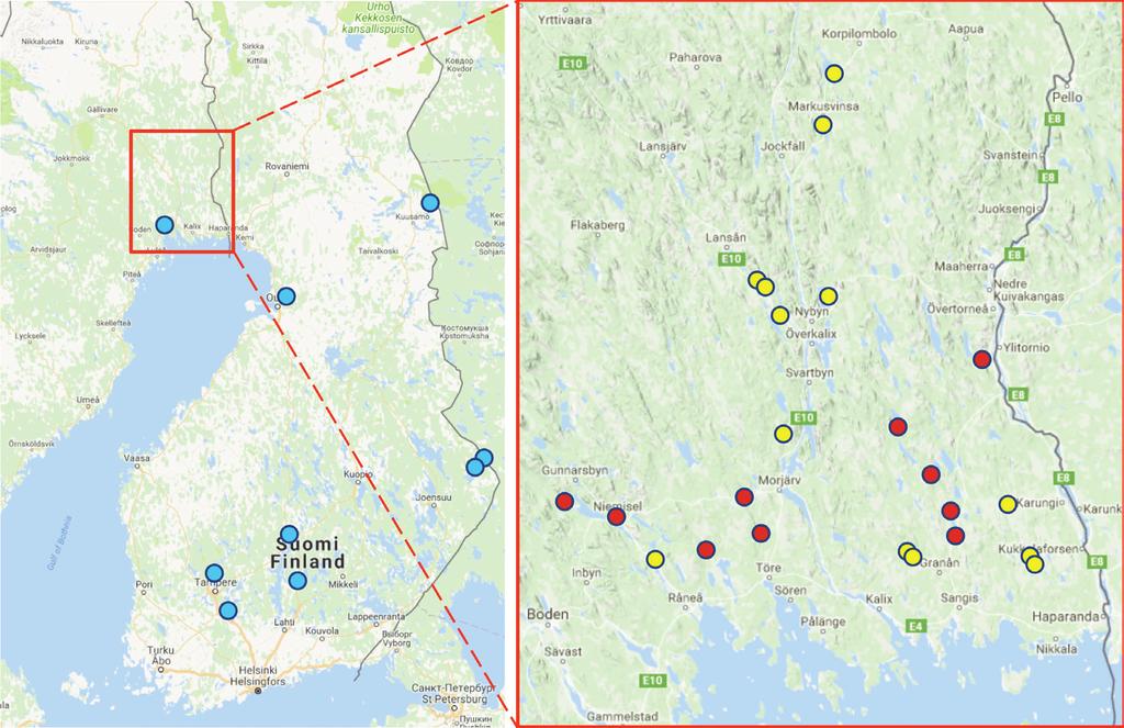 Bronsrörbock Donacia antiqua i Norrbotten Figur 3. Svenska och finska fynd av bronsrörbock (Donacia antiqua). Blå cirklar = fynd fram till 2016.