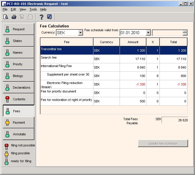 Fees Under fliken Fees väljer du den senaste avgiftstabellen. Avgiftsreduktionen (för att ansökan skickas in online) lägger programmet in automatiskt.