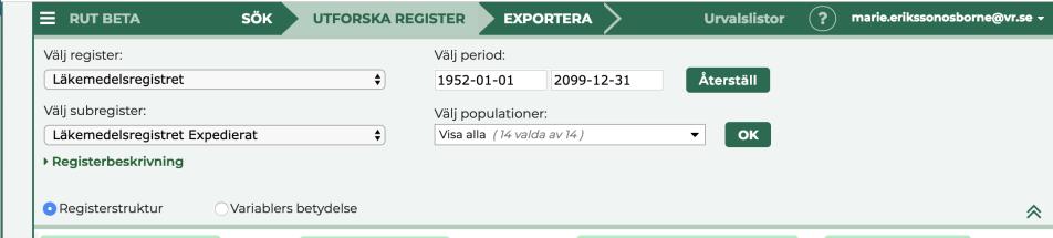 14 Du kan också välja att visa variabler som förekommit under en viss tidperiod, knappen Återställ nollställer tidsurvalet och visar alla metadata för registret som finns beskrivna i RUT, från det
